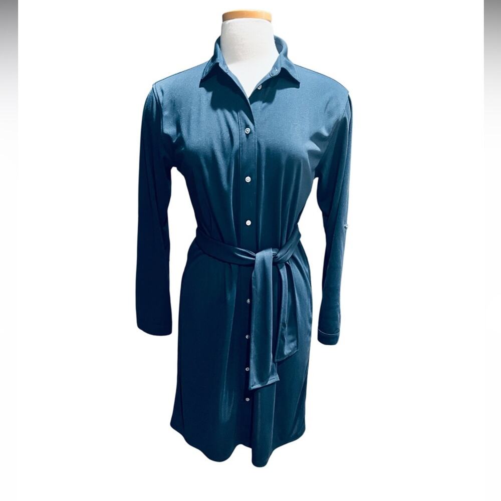 J. Crew Womens Long Sleeve Button Down Easy Knit Shirt Dress Navy Medium Size M